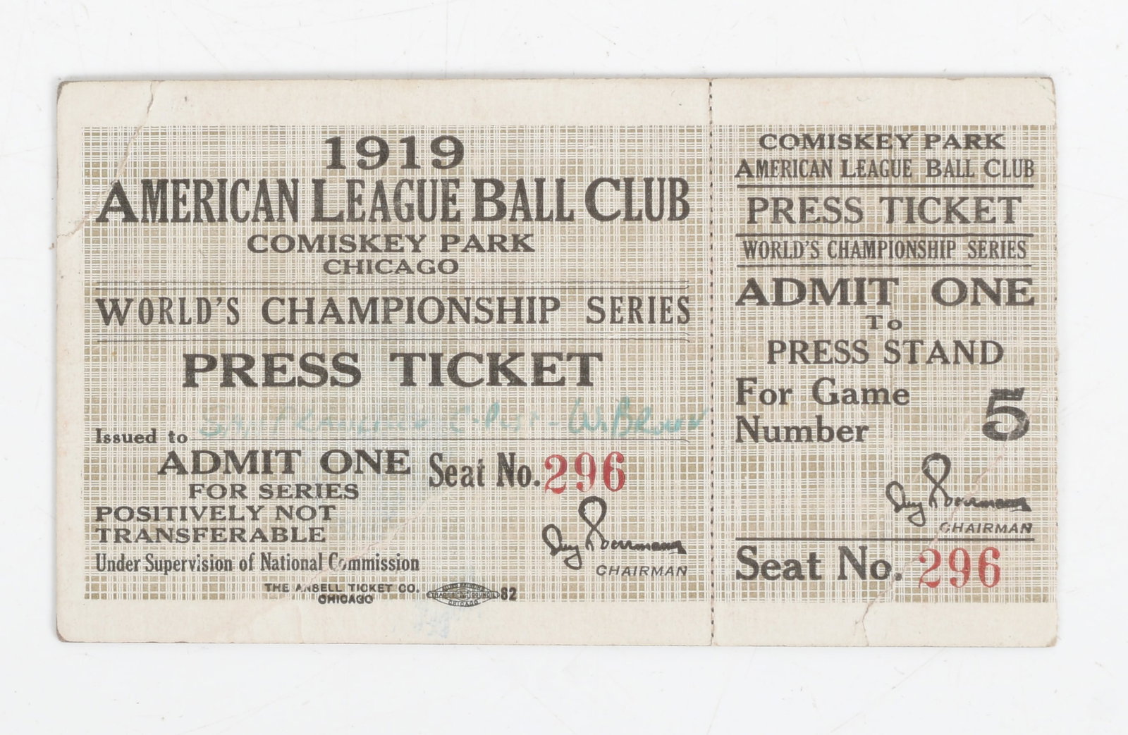 A 1919 World Series Game Five Press Ticket (1 of 7)