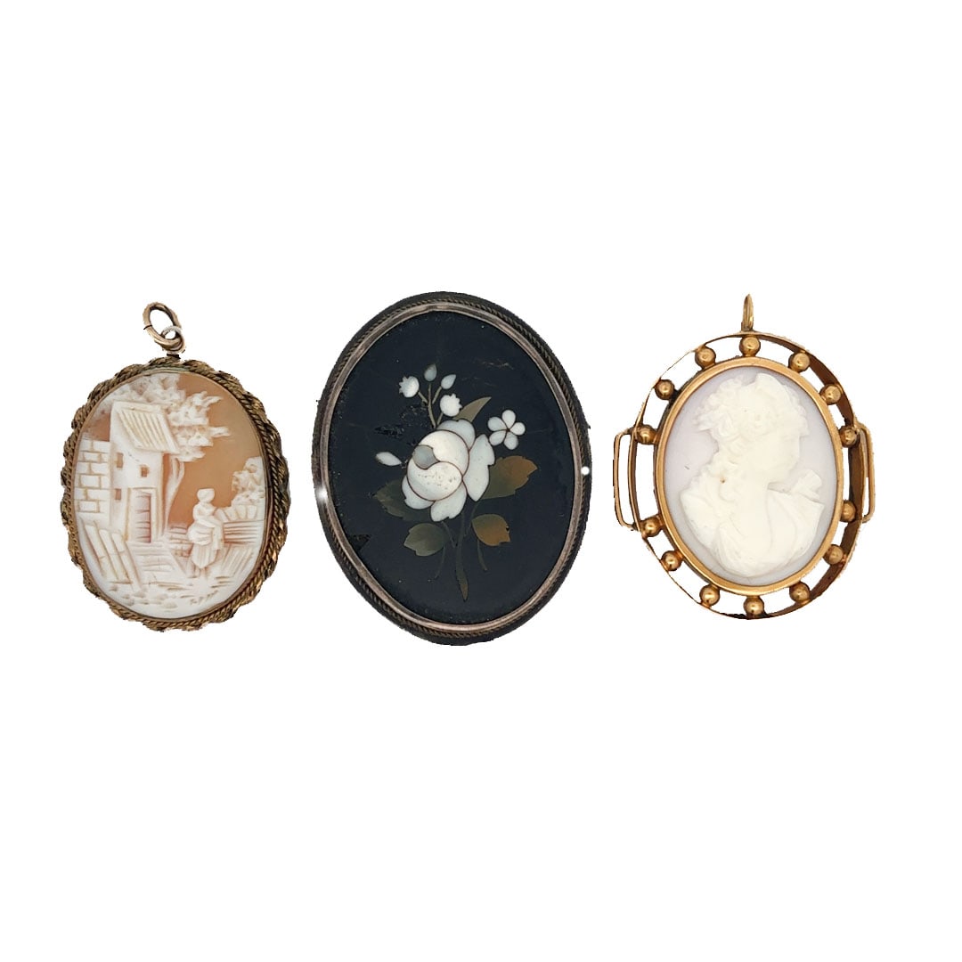 Three Antique Cameo & Pietra Dura 14K gold Brooches (1 of 2)