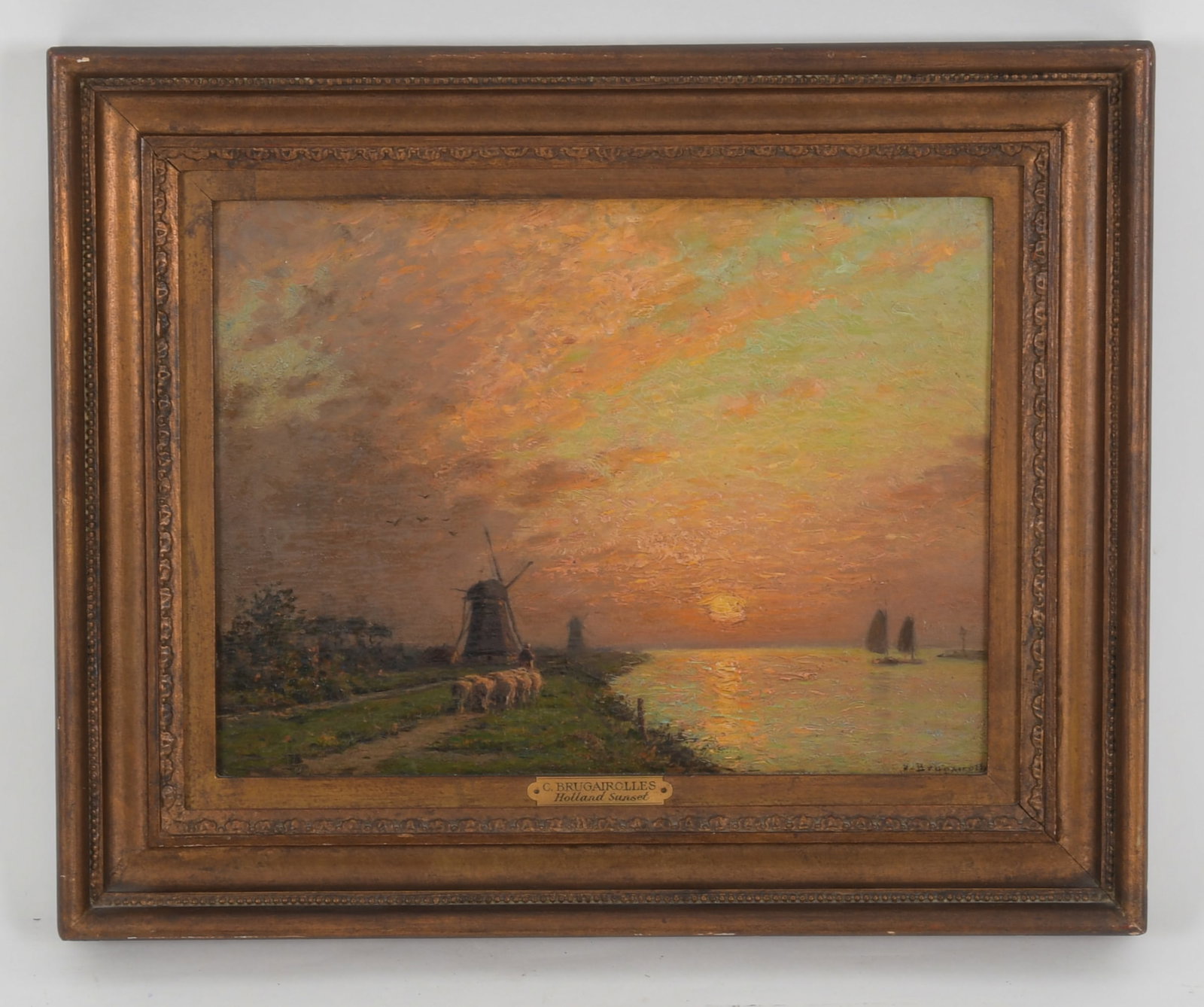Victor Brugairolles (1869-1936) Oil on Panel: Holland Sunset, signed at the lower right. With a Paris exposition tag attached verso. Dimensions: 10 1/2" x 14", the frame 15" x 18 1/2". Provenance: Property