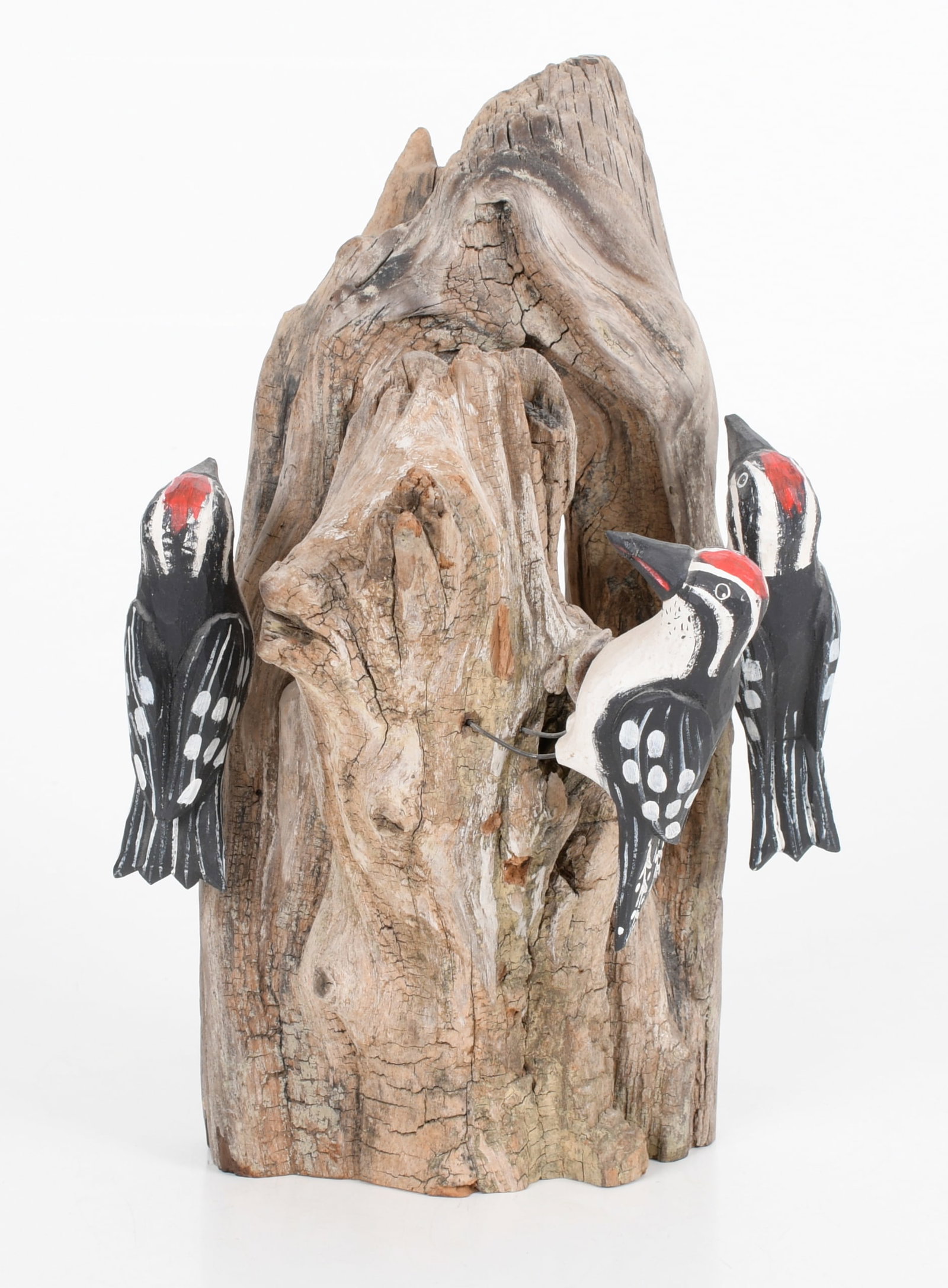 Jonathan Bastian, Woodpecker Sculpture: A 20th century piece with driftwood and three applied woodpeckers. Dimensions: about 9" x 9", the height is 13 1/2". Provenance: From a local collection. </