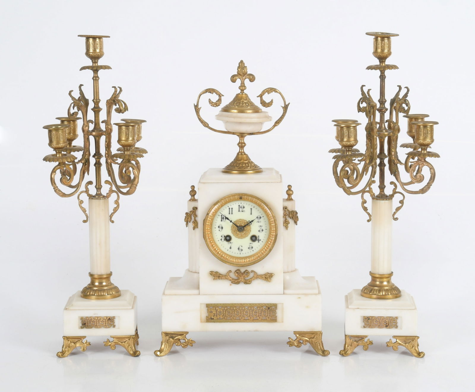 French Gilt Bronze and White Marble Three Piece Clock Garniture (1 of 14)