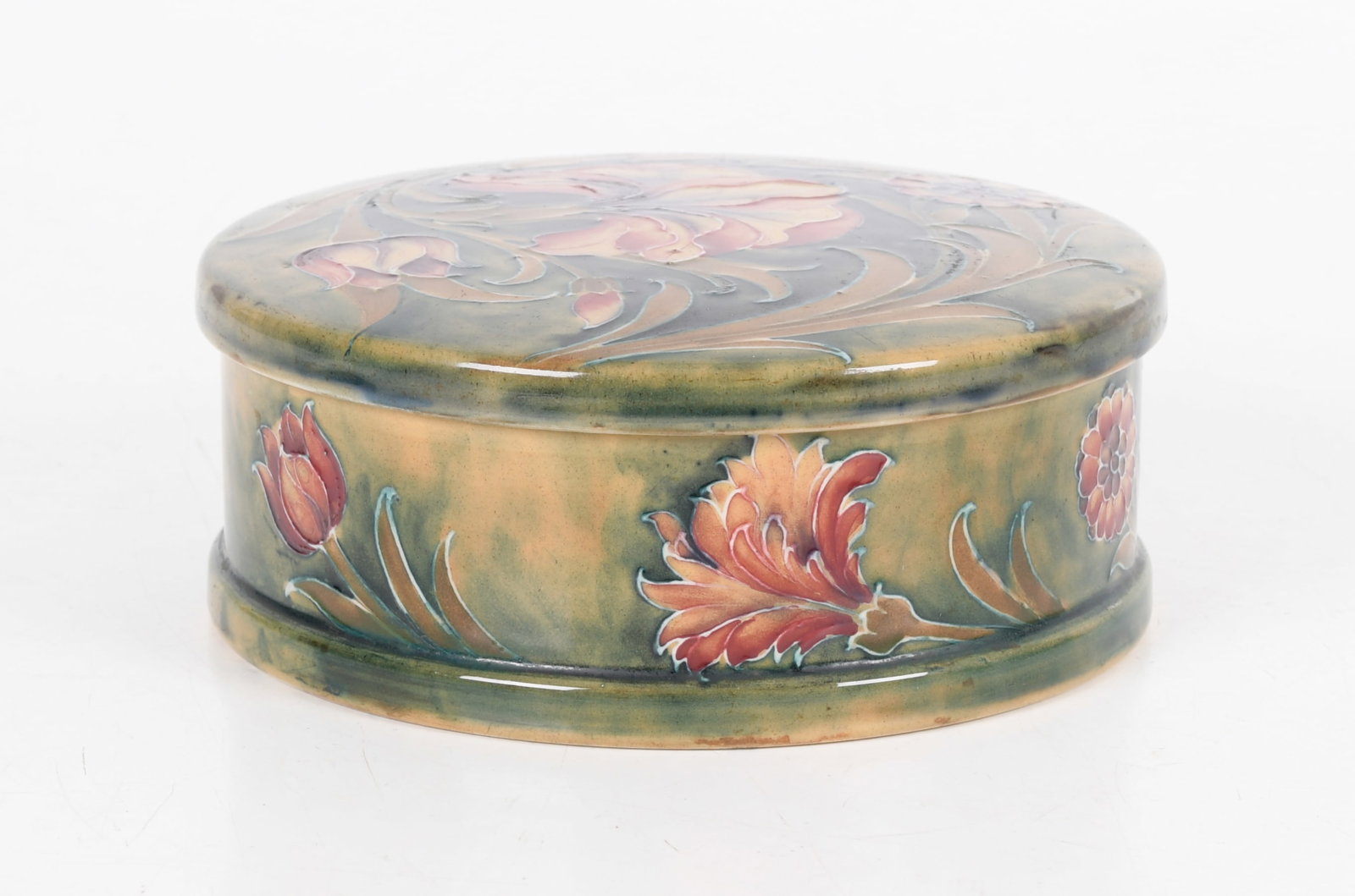 William Moorcroft for Liberty & Co., Lidded Box: A lidded box by William Moorcroft for Liberty & Co. c. early 20th century with Spanish pattern over a mottled blue-green ground, with William Moorcroft and Liberty & Co. marks at the bott