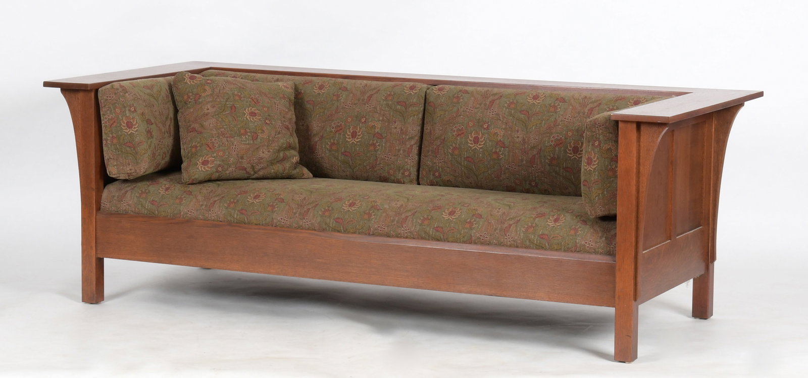 Stickley Arts and Crafts Style Oak Sofa, Modern: A Stickley Arts and Crafts Style Oak Sofa, Modern. With manufacturer's brand and applied label to the underside with a manufacture date of September 2, 2010. Dimensions: Height 29 1/4in; width 84