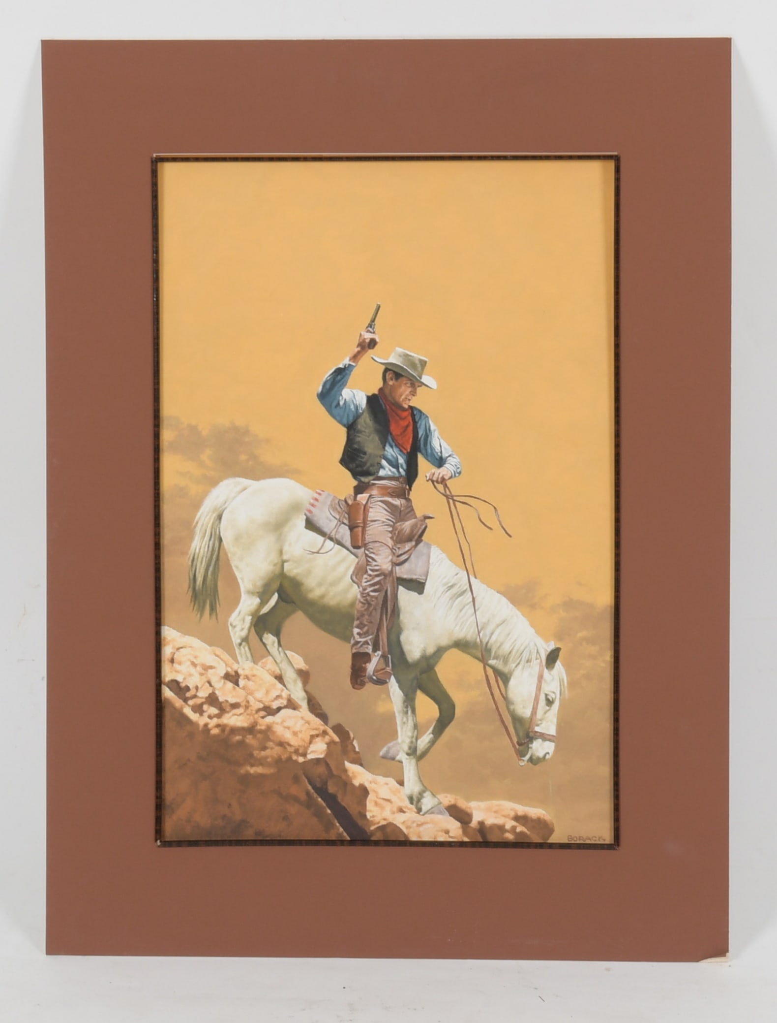 Stanley Borack (1927 - 1993) Illustration, Western Interest: An illustration depicting a cowboy on a white horse descending a hill, signed at the lower right. Gouache on board. Dimensions: 20" x 12 1/2", the mat is 24" x 18".&nb