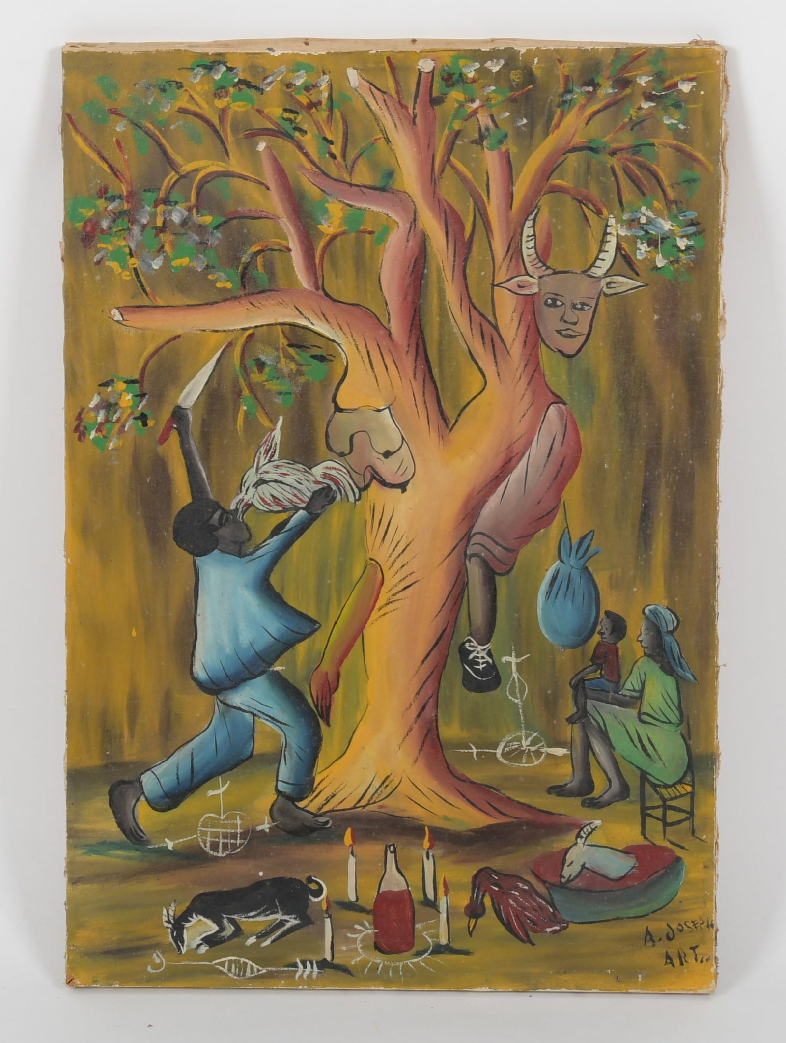 Antonio Joseph (Haitian, 1921-2016) Untitled, Voodoo Ceremony: Antonio Joseph (Haitian, 1921-2016) Untitled, Voodoo Ceremony. Depicting a figures and animals around a central personified tree. Oil on canvas. Signed 'A. JOSEPH / ART..' lowe