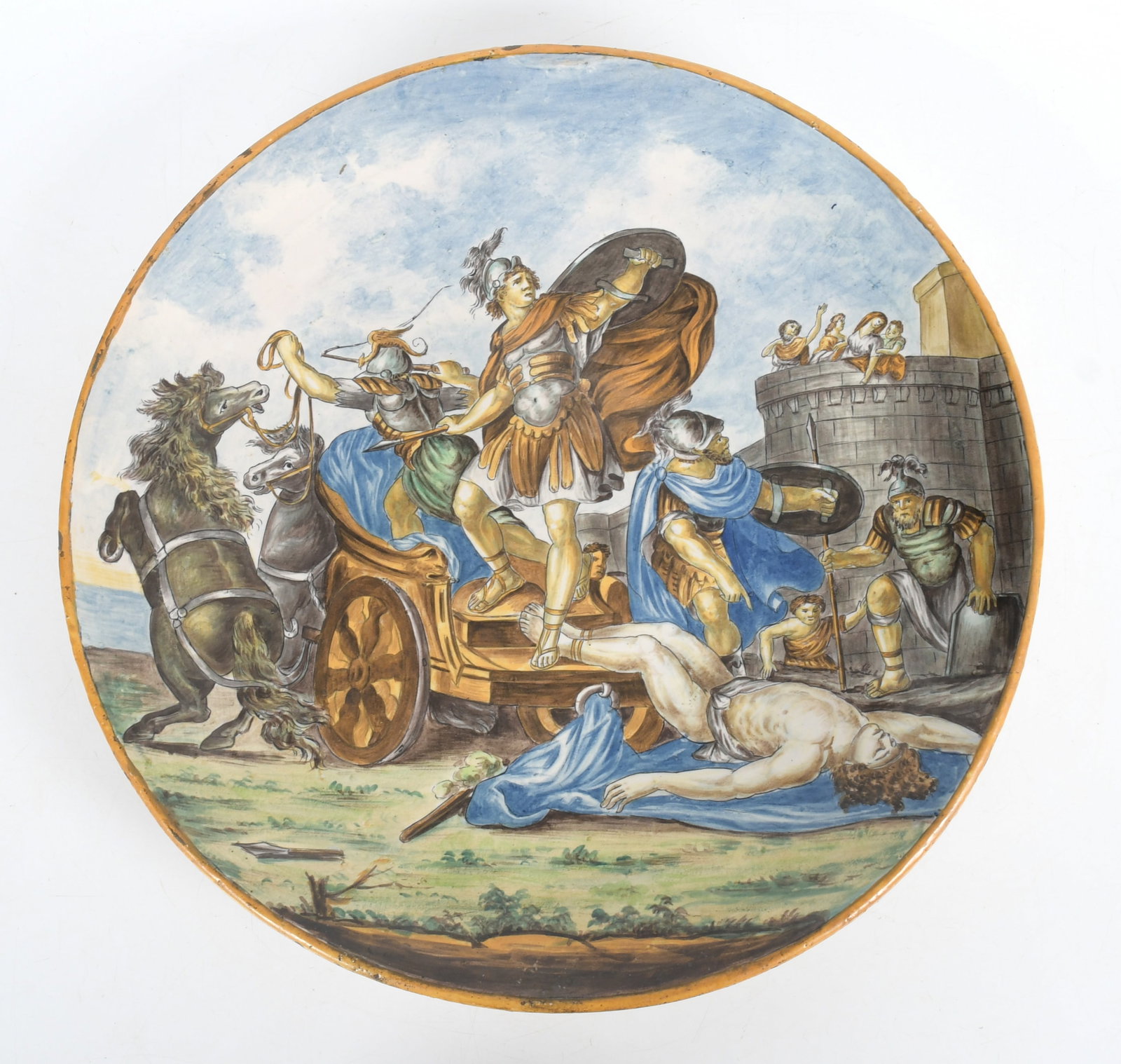 Italian Maiolica Charger: Depicting Achilles Dragging Hector: An Italian Maiolica Charger, Late 19th / Early 20th Century. Decorated with a scene depicting Trojan War hero Achilles dragging Hector's body from his chariot after a work by Gavin Hamilton (