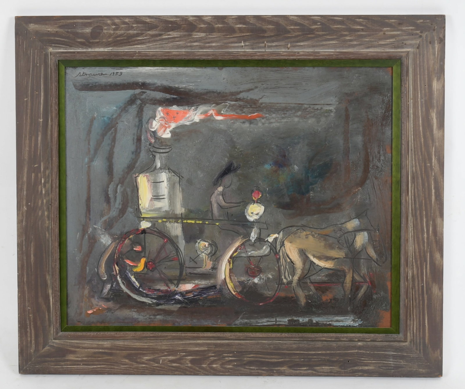 Sterling Boyd Strauser (1907 - 1995) Oil on Board: An abstract work depicting an antique fire engine and driver, signed and dated for 1953 at the upper left. Dimensions: 25" x 30", the frame 33" x 39". 
