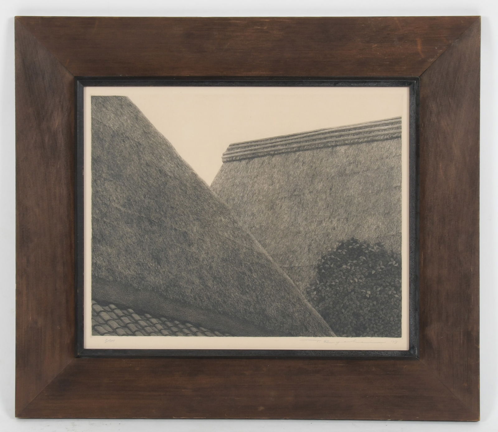 Tanaka Ryohei (b. 1936 Japanese) Etching: Two Roofs, numbered 5/100, pencil signed and dated for 1973. Dimensions: sight is 13" x 16", the frame 20" X 23". 