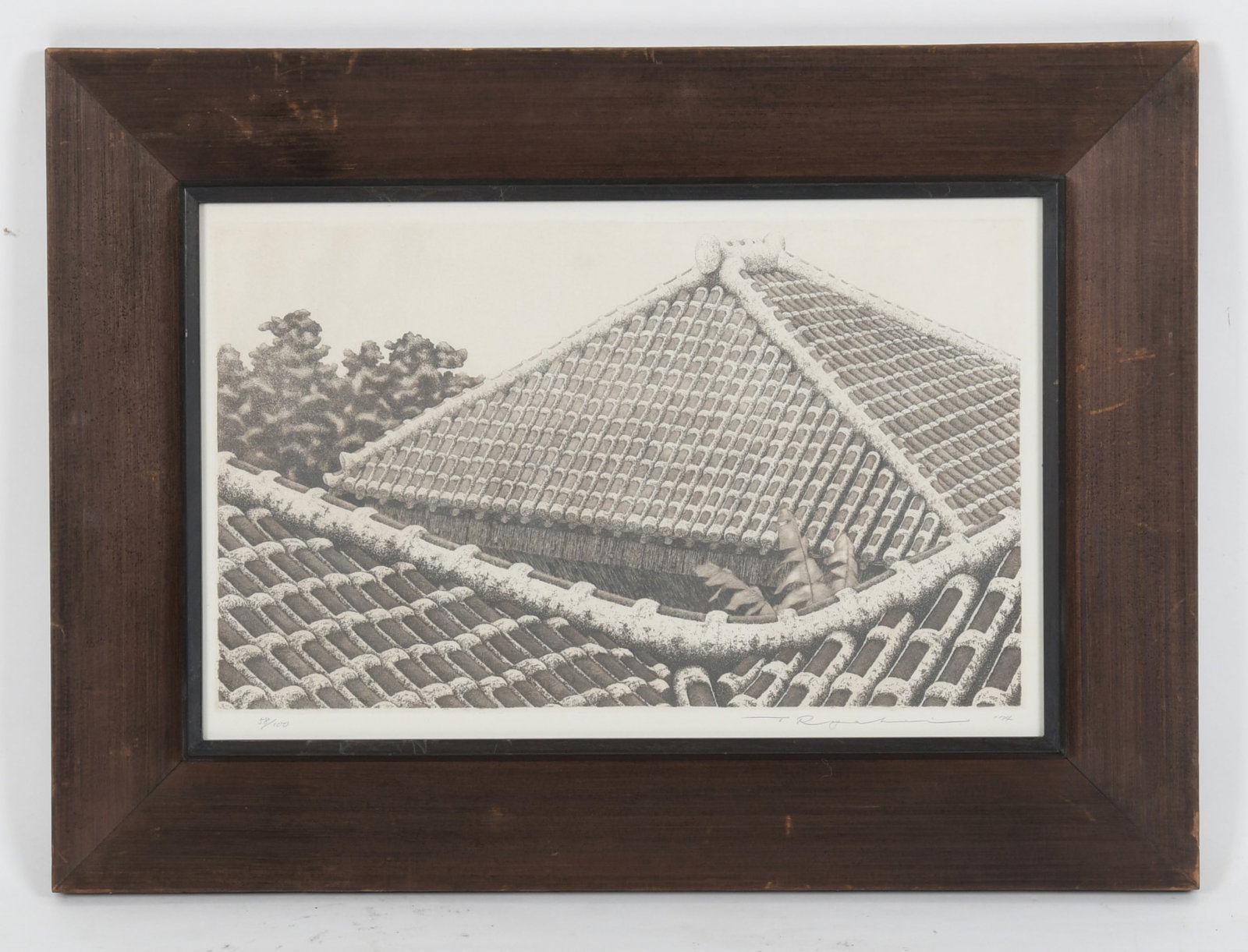 Tanaka Ryohei (1933-2019) Etching: Roofs of Okinawa, pencil signed, numbered 58/100 and dated for 1974. Dimensions: sight is 10" x 16", the frame 16" x 22". 
