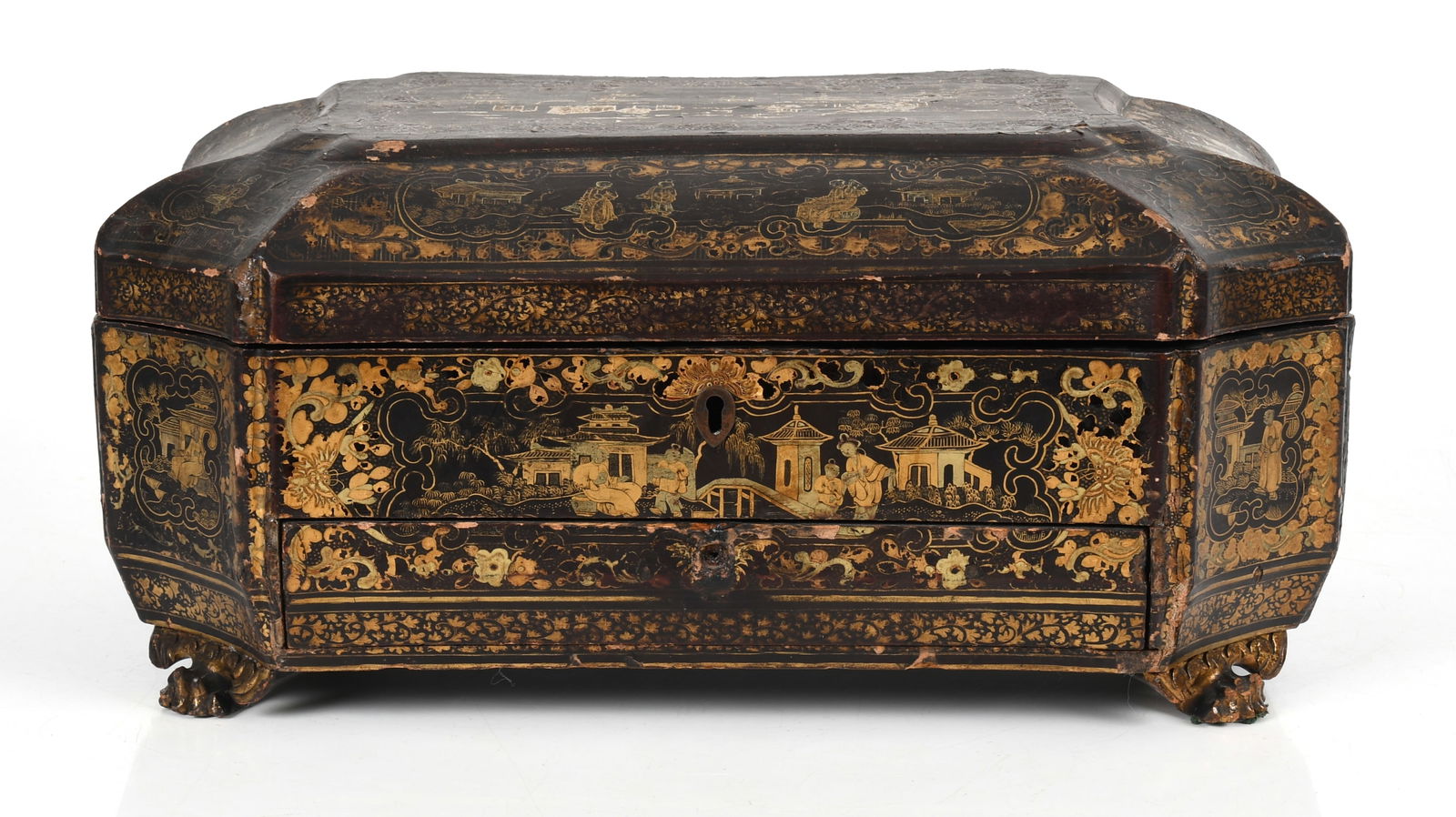 Chinese Export Black and Gilt Lacquer Sewing Box, 19th Century (1 of 12)