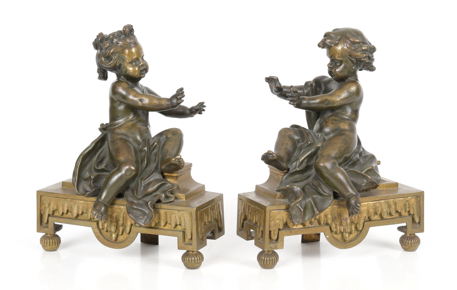 Pair of French Neoclassical Patinated and Gilt Bronze Chenets (1 of 8)