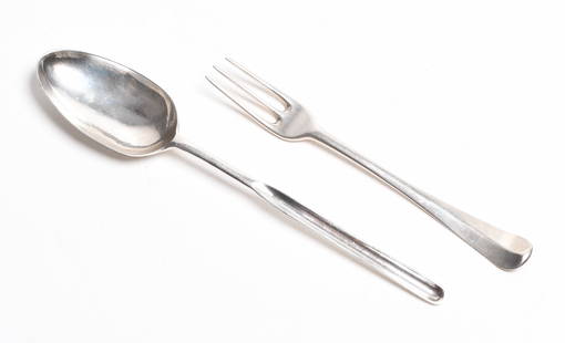 A Sterling Silver Marrow Spoon, Hester Bateman, London 1774-75: A large marrow spoon hallmarked for the London maker Hester Bateman, 1774-75. Together with a fork hallmarked for London and 1725-26. Dimensions: the spoon is 9 1/4" long and the for