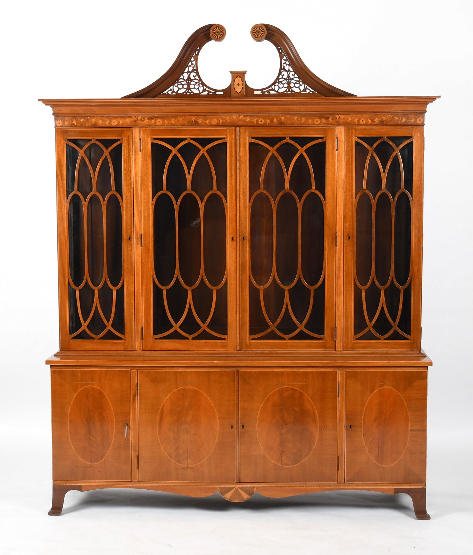 George III Style Marquetry Inlaid Mahogany Stepback Display Cabinet (1 of 9)