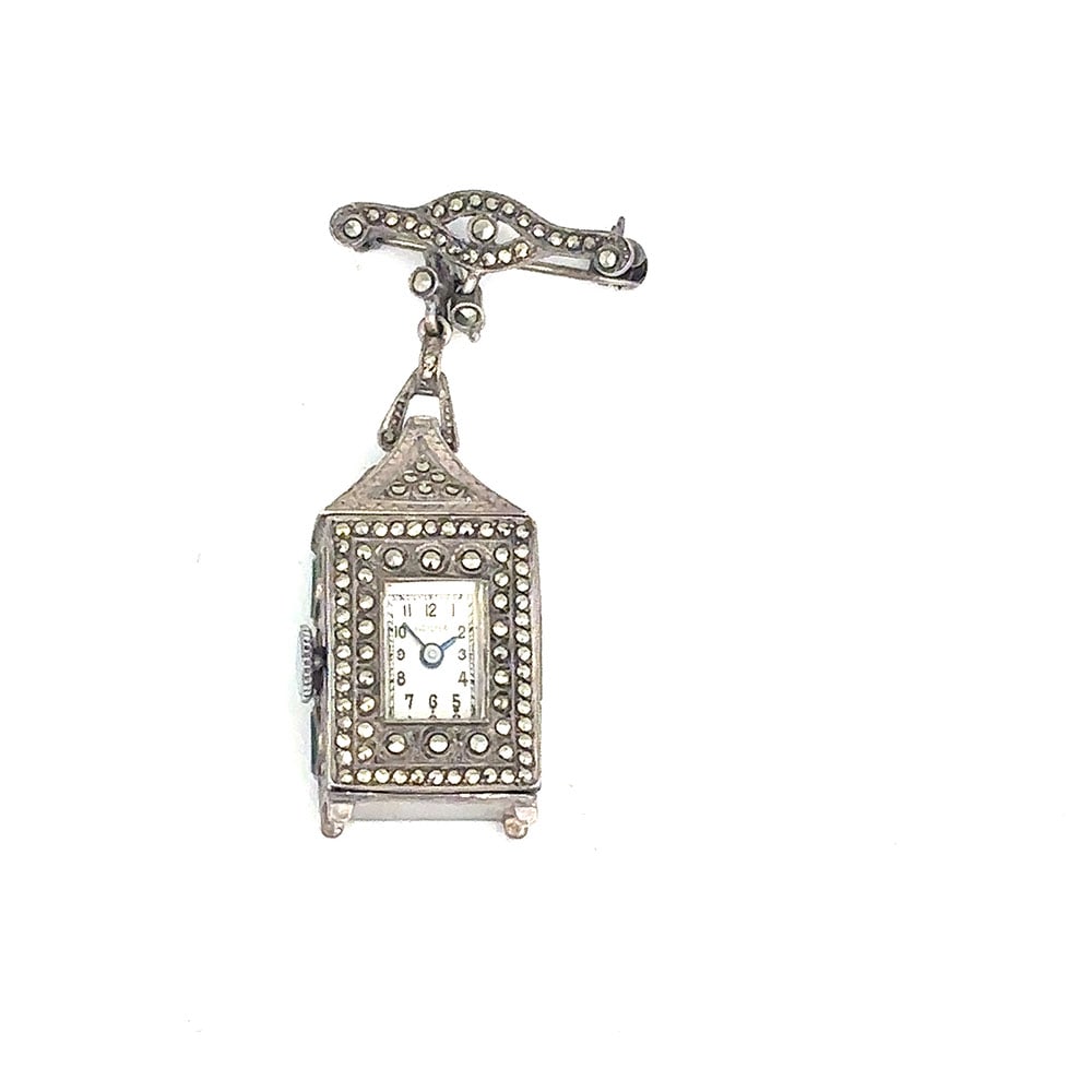 Bucherer 800 Silver lapel watch: Bucherer 800 Silver marcasite and enamel lapel / pendant watch. Marked 800. 