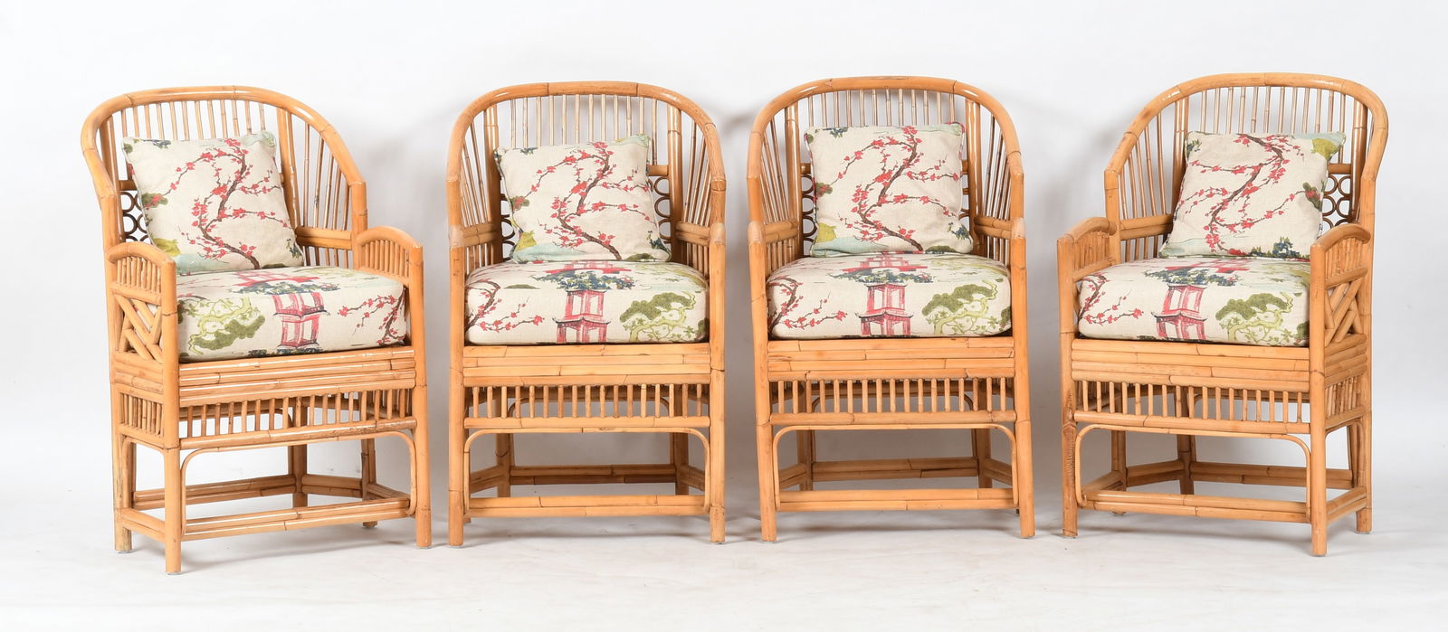 Set of Four Anglo-Chinese Style Rattan and Caned Armchairs: A Set of Four Anglo-Chinese Style Rattan and Caned Armchairs, Modern. Inspired by furnishings from George IV's Royal Pavilion, Brighton, England. Dimensions: Height 38in; width 23 1/2in; depth of