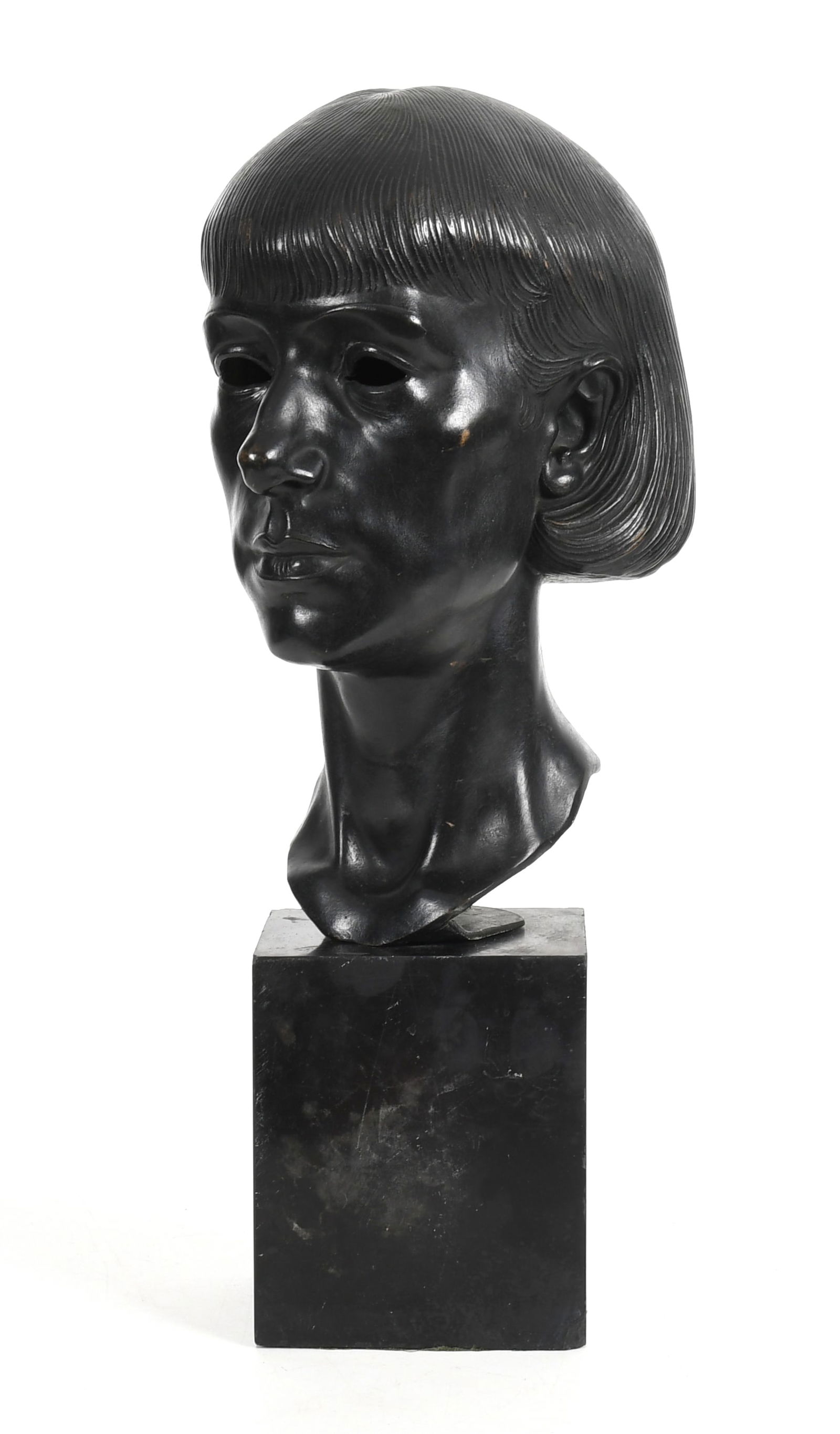 Jacques Lipchitz (1891 - 1973) Bronze: An unmarked bronze head of a woman mounted on a slate plinth labeled, '24.French Art- 20th Century/Portrait of Madame Lipchitz/Bronze by Jacques Lipchitz/Madame Lipchitz Collection. Titled in the