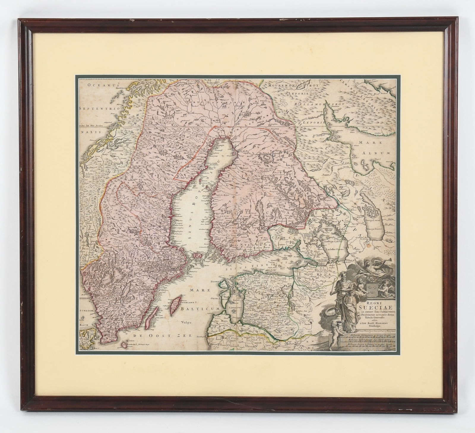 Engraved and Hand-Colored Map of The Kingdom of Sweden, 18th Century: Engraved and Hand-Colored Map of The Kingdom of Sweden, Johann Baptist Homann (1663-1724), 18th Century. Titled in Latin "REGNI / SUECIAE / in omnes suas Subjacentes / Provincias accurate divisi