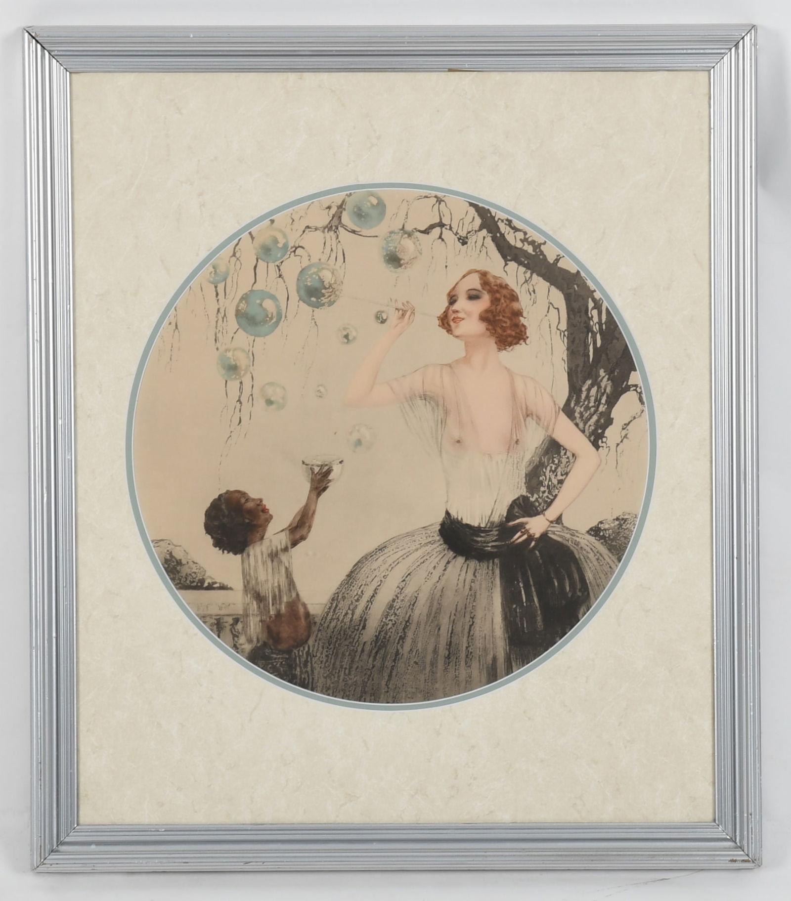 Guy Bardone, Color Lithograph, Blowing Bubbles: Guy Bardone, Color Lithograph, Blowing Bubbles From the first half of the 20th century, unmarked. Dimensions: sight is 17 1/2in diameter, the frame 28 1/2in x 24 1/2in. 