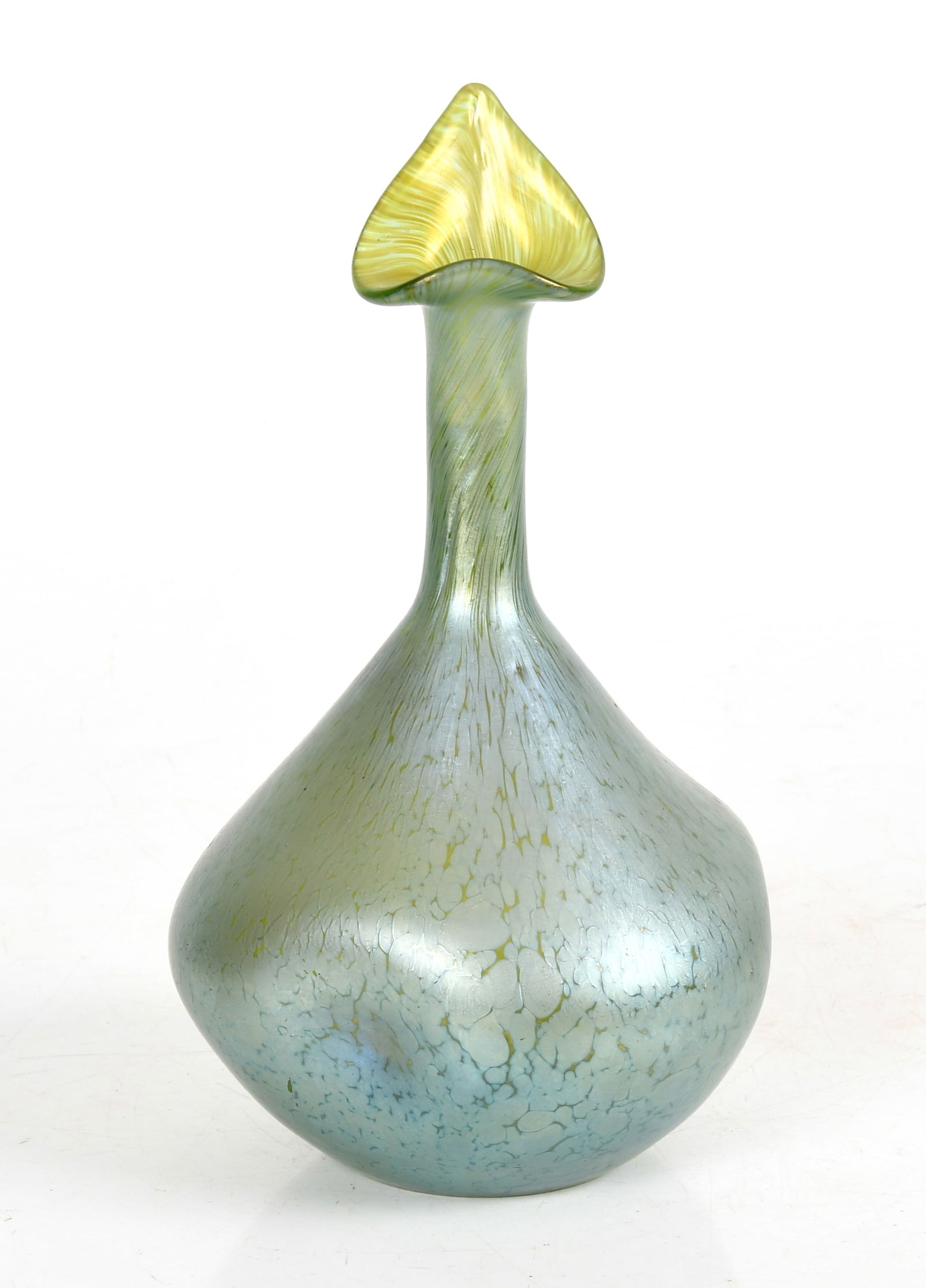 A Loetz, Papillon Jack-in-the-Pulpit Vase: A Loetz, Papillon Jack-in-the-Pulpit Vase In green-yellow and with pinched sides, unmarked. Dimensions: 6in diameter, the height is 9 3/4in. Provenan