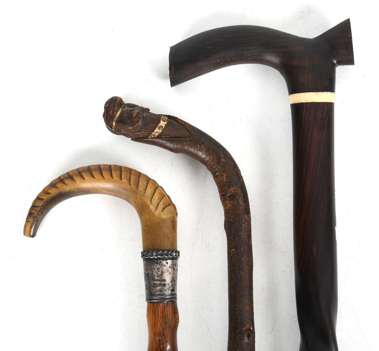 Three Antique Canes: Three Antique Canes All 19th or early 20th century, a twig example with figural handle, a rosewood cane with inlaid bone decoration and an example with a carved horn handle and sterling silver f