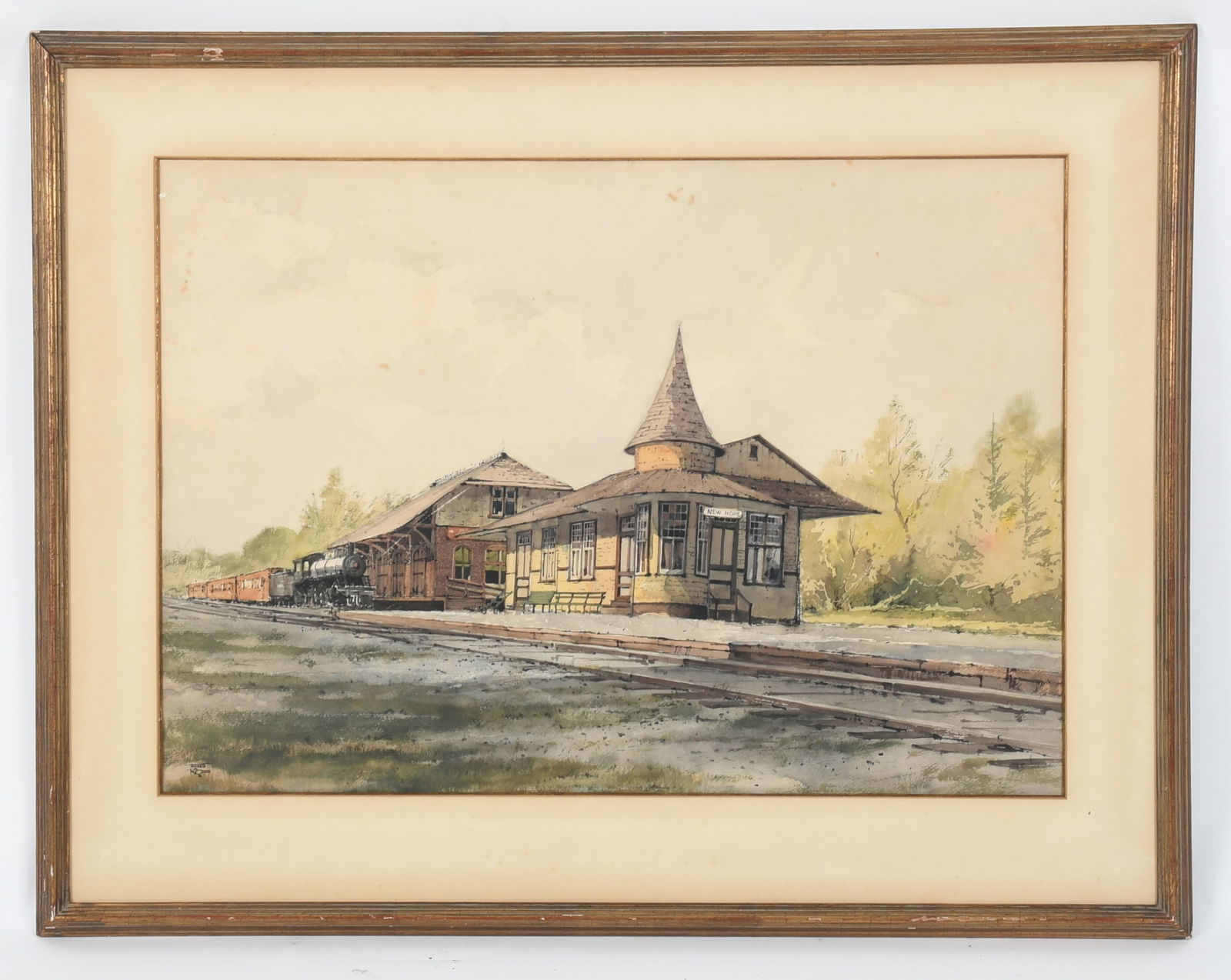 James Ross (20th c.) Watercolor, New Hope Train Station (1 of 7)