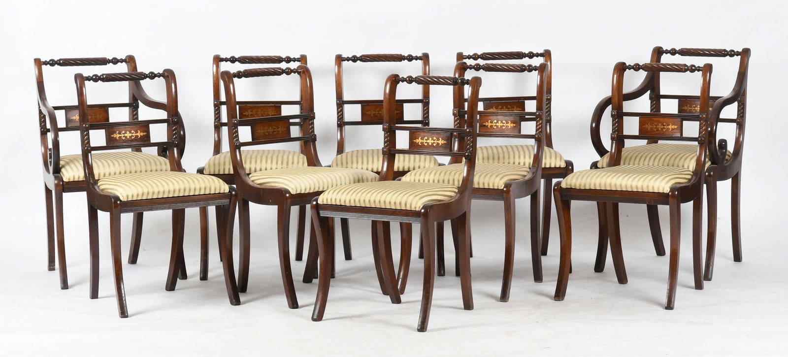 Set of Ten Regency Style Brass Inlaid Mahogany Dining Chairs (1 of 14)