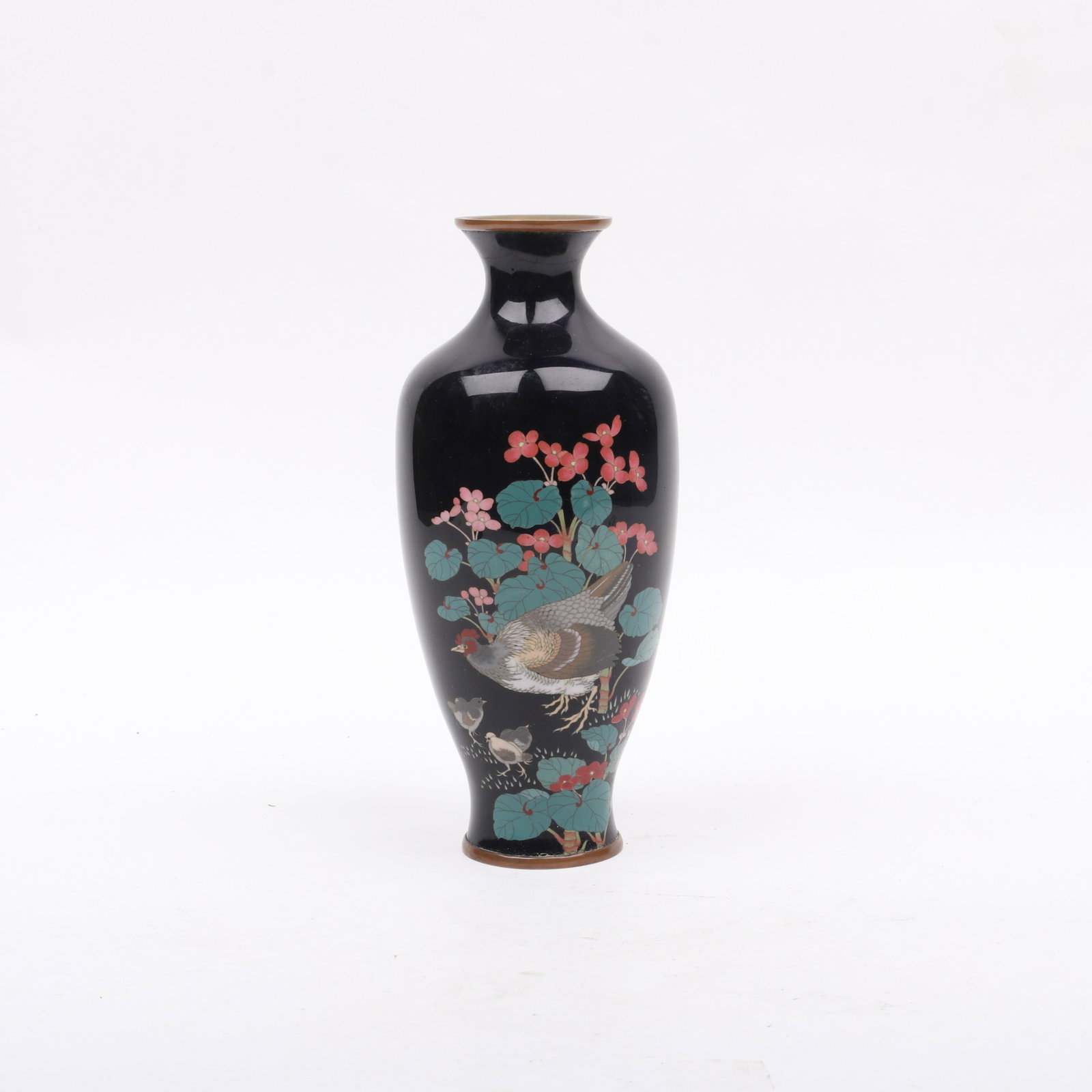 A Japanese Cloisonne Vase, Early 20th Century: A Japanese Cloisonne Vase, Early 20th Century A baluster form example with a black ground and rooster decoration, unsigned. Dimensions: 4in diameter, the height is 10in. <