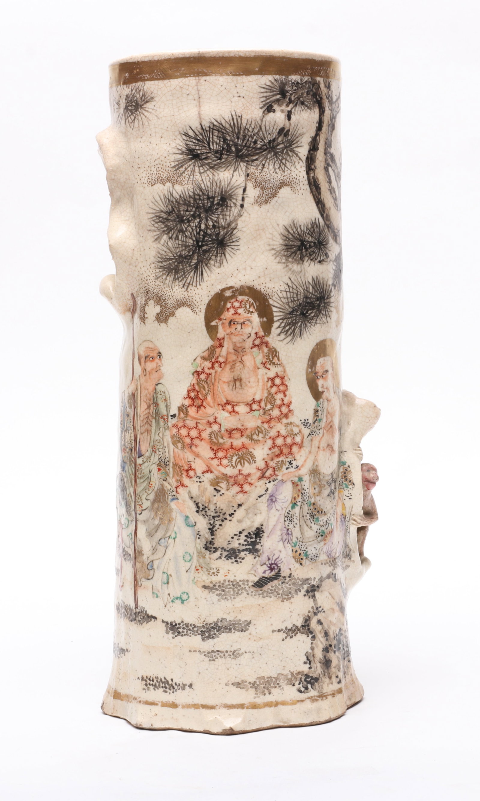 A 19th Century Japanese Satsuma Vase: A 19th Century Japanese Satsuma Vase A large example decorated with a modeled monkey and cicada and painted Rakan. Dimensions: 5 1/2in diameter, the height is 12 3/4in. 