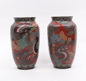 A Pair of Japanese Cloisonne Dragon Decorated Vases