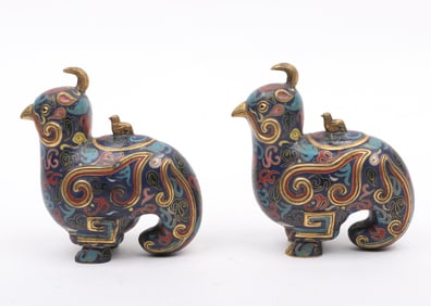 A Pair of Chinese Cloisonne Quail Censers