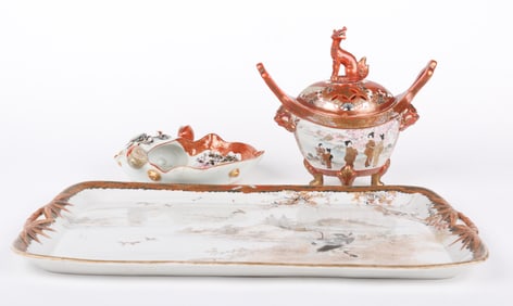 Three Pieces of Japanese Kutani Porcelain Including a Tray