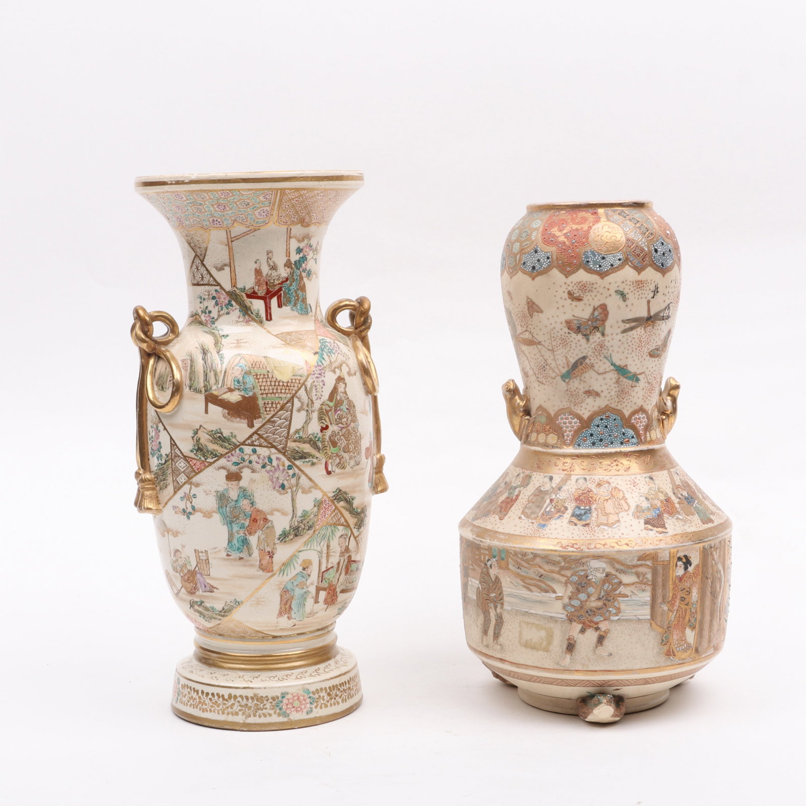 Two Japanese Satsuma Vases: Two Japanese Satsuma Vases Both late 19th century, an example with frog form feet and handles and decorated with a multitude of figures and animals and a baluster form vase with gilt tassel hand