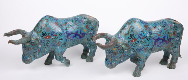 A Pair of Large Chinese Cloisonne Bulls