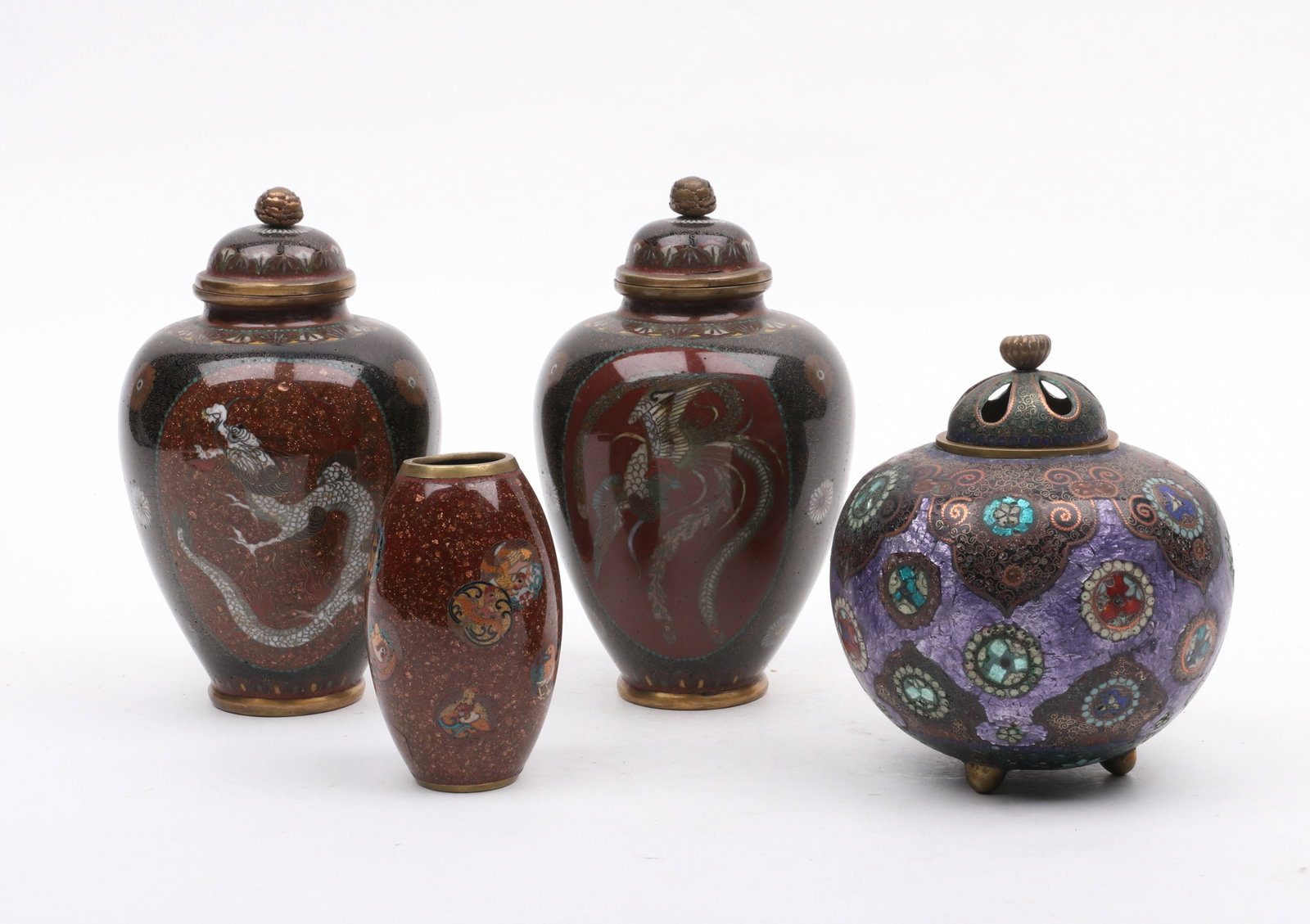 Four Pieces of Japanese Cloisonne: Four Pieces of Japanese Cloisonne All Meiji period, a pair of Ho-o Bird and dragon decorated covered jars, a ginbari koro and small vase with roundel decoration. Dimensions: from 2in to 4in diam