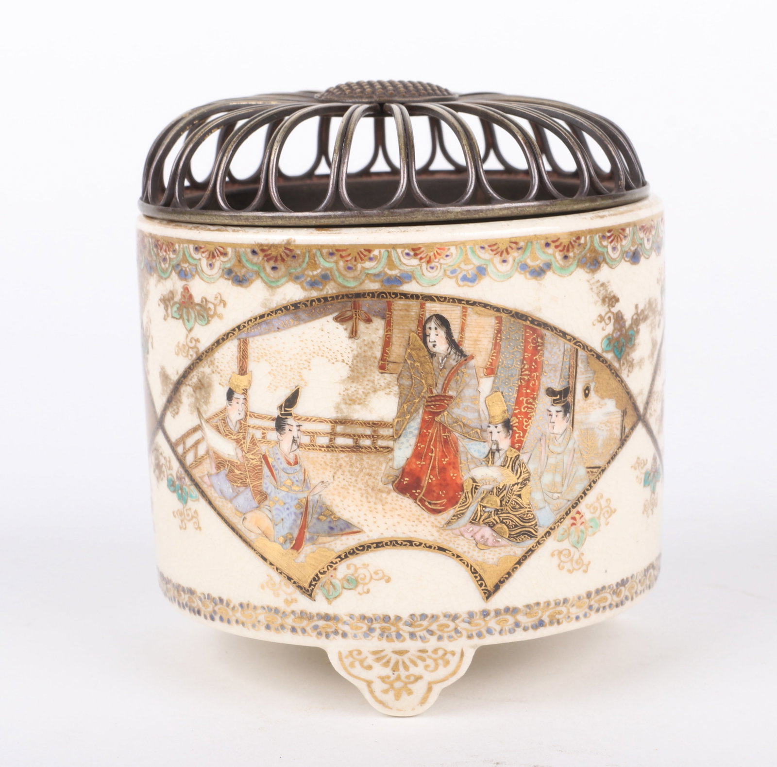 A Small Japanese Satsuma Koro: A Small Japanese Satsuma Koro A Meiji period example with three short feet fine decoration in fan form panels and a silvered bronze blossom form lid. Marked for Tozan. The wooden box may be orig
