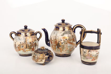 A Japanese Satsuma Three Piece Tea Set and a Koro