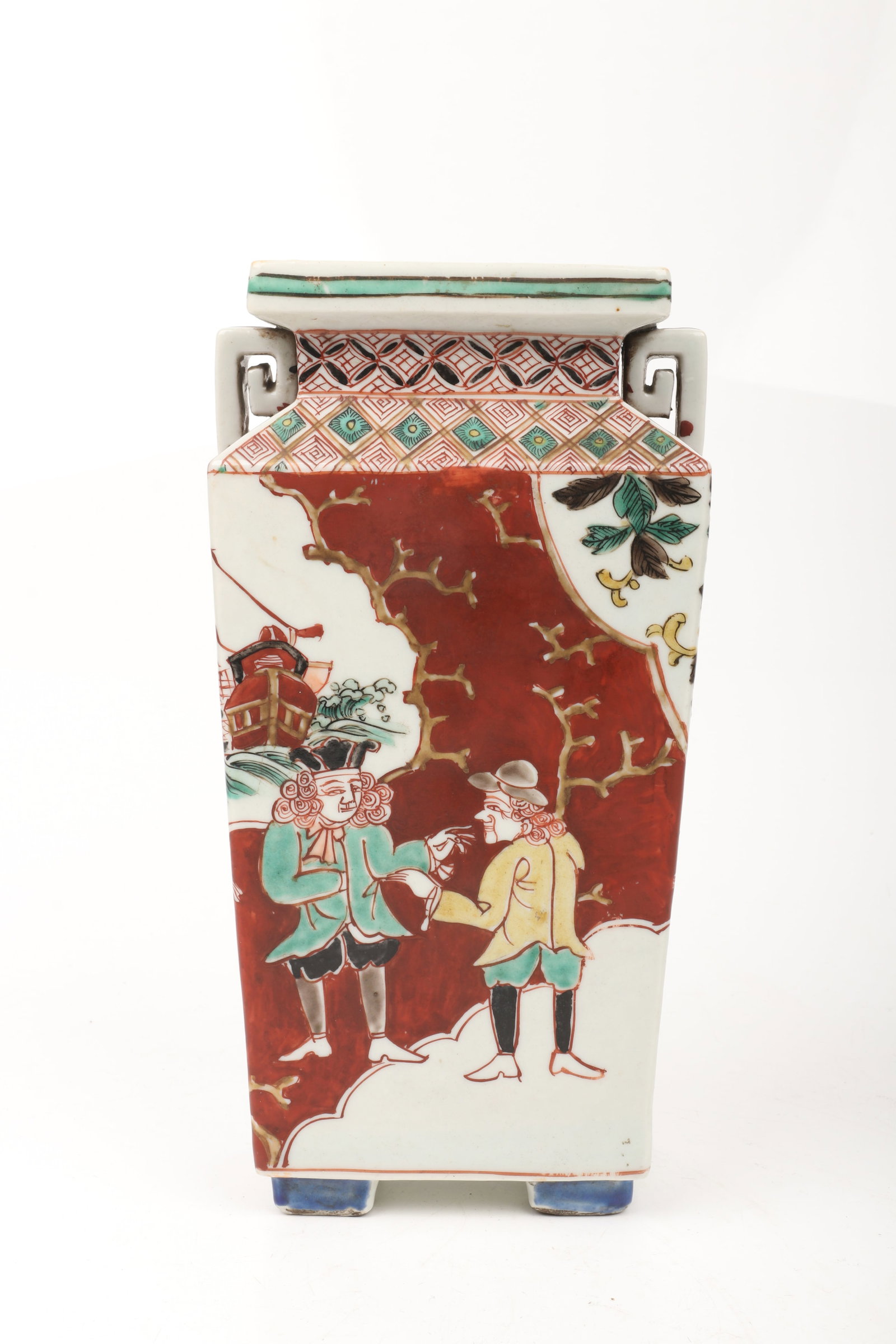 A 19th Century Japanese Imari Black Ship Porcelain Vase: A 19th Century Japanese Imari Black Ship Porcelain Vase In a square tapered form with scrolled handles, the decoration consists of two western figures with a ship in the background, the reverse with a