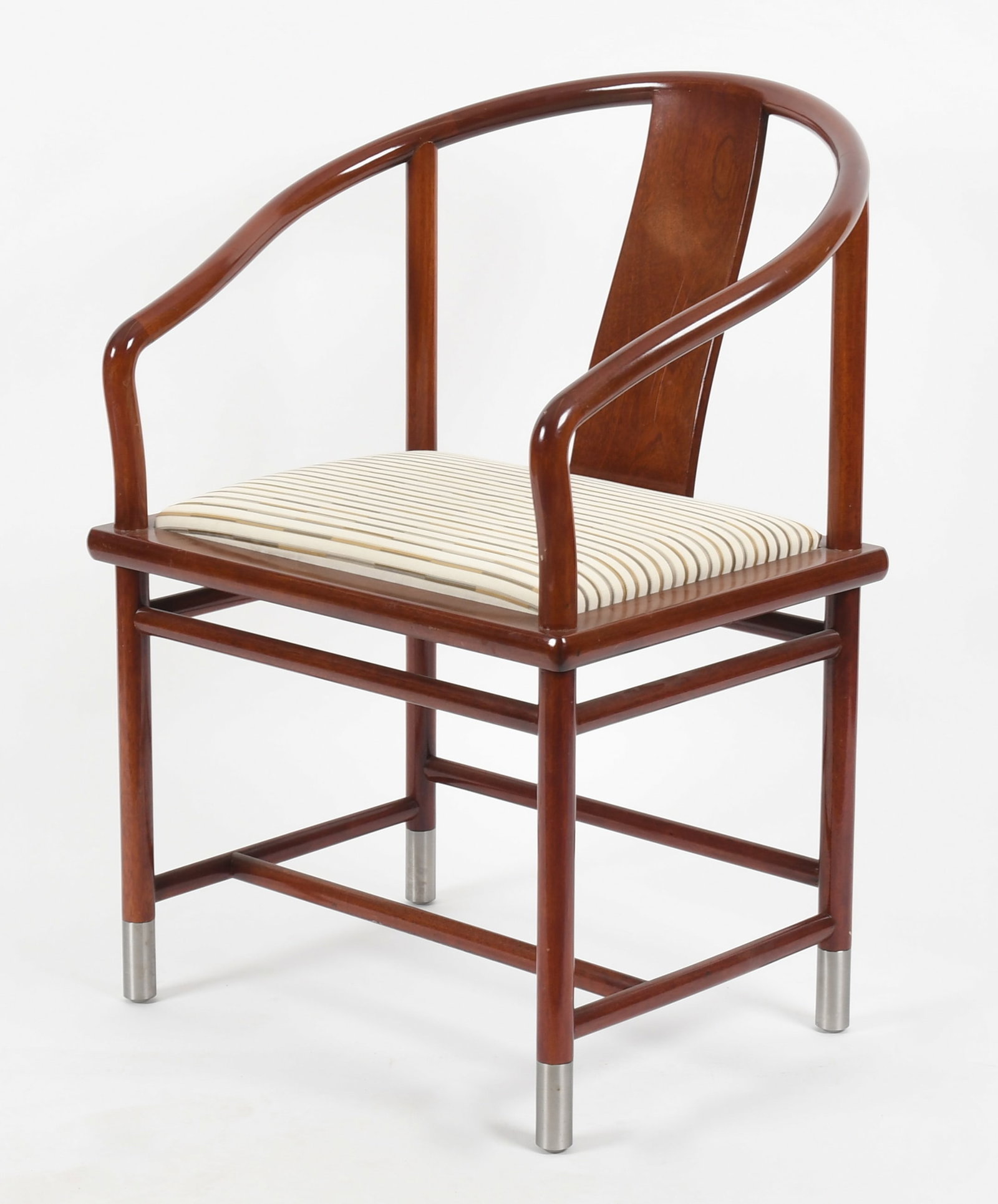 Stanley J. Friedman for Brueton Mahogany 'Mao Chair', Modern: Stanley J. Friedman for Brueton Mahogany 'Mao Chair', Modern. Of typical Chinese Ming Dynasty style horseshoe form with upholstered seat and stainless steel caps to each of the legs. Dimension