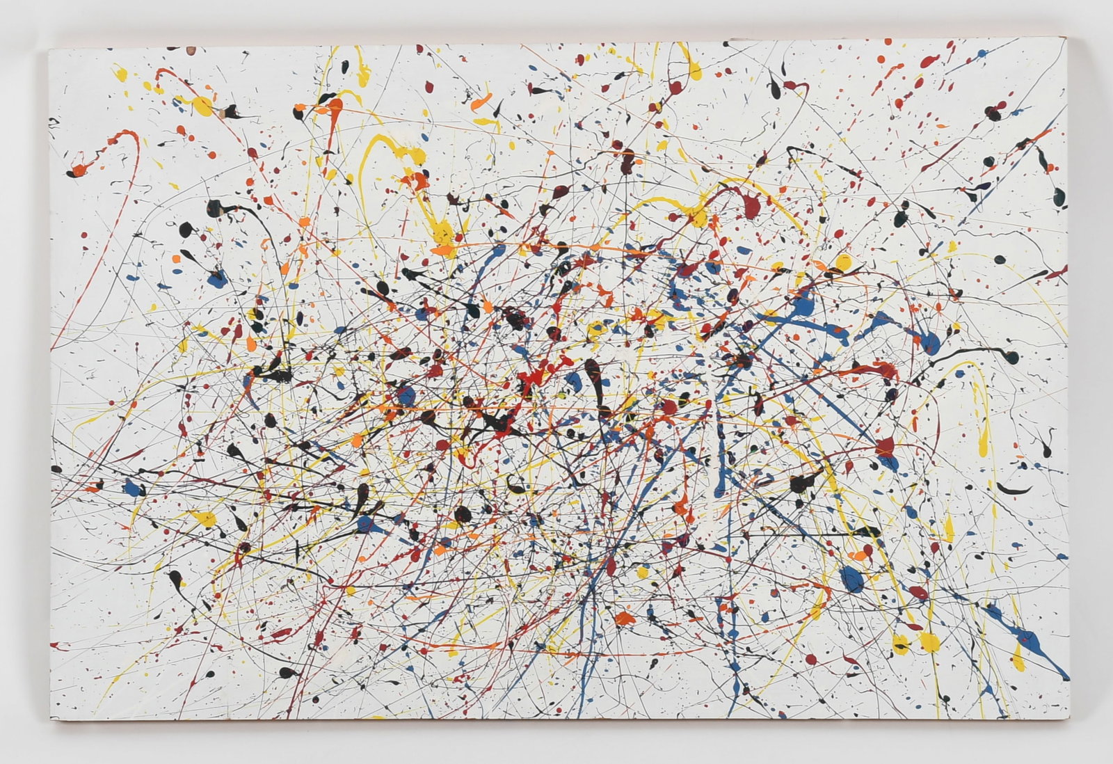 American School (20th c.) Drip Art/Action Painting: American School (20th c.) Drip Art/Action Painting Oil on Masonite, with a white ground, unsigned. Dimensions: 24in x 36in. Provenance: Collection of Madge Gold