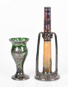 Two Silver Overlaid Glass Vases, One by Loetz