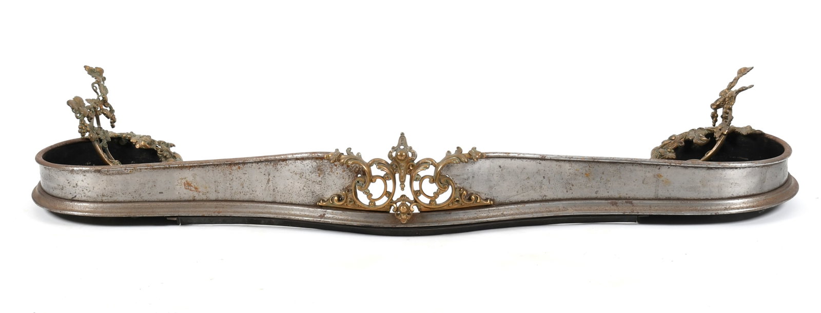 English Gilt Bronze and Steel Serpentine Fire Fender, Mid 19th Century: An English Gilt Bronze and Steel Fire Fender, Mid 19th Century Of serpentine form with gilt bronze elements decorated with grapes, leaves and vines. Stamped with lozenge mark and date codes 