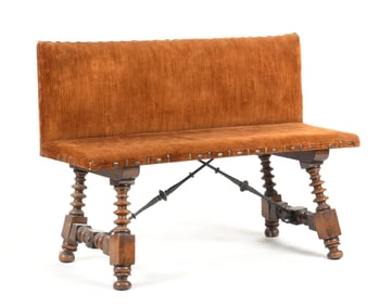 Spanish Baroque Style Iron Mounted Carved Walnut Bench