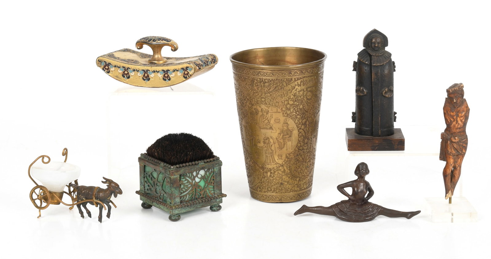 An Eclectic Group of Small International Objects: An Eclectic Group of Small International Objects Comprising: a 19th century bronze Nuremberg Iron Maiden, a pen wipe that is unmarked but possibly Tiffany and Co., an 18th century Portugues