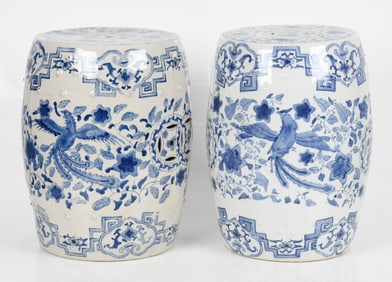 Matched Pair of Chinese Blue and White Porcelain Garden Seats
