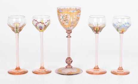 Five Pieces of Glass Stemware, Bohemian and Venetian
