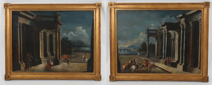 Pair of Capriccio Paintings with Figures in an Italianate Landscape