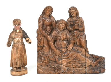 Oak Panel Carved in Relief of Religious Subject and Santos Figure