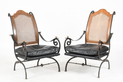 Pair of Iron, Leather and Caned Lounge Chairs, Mid 20th Century