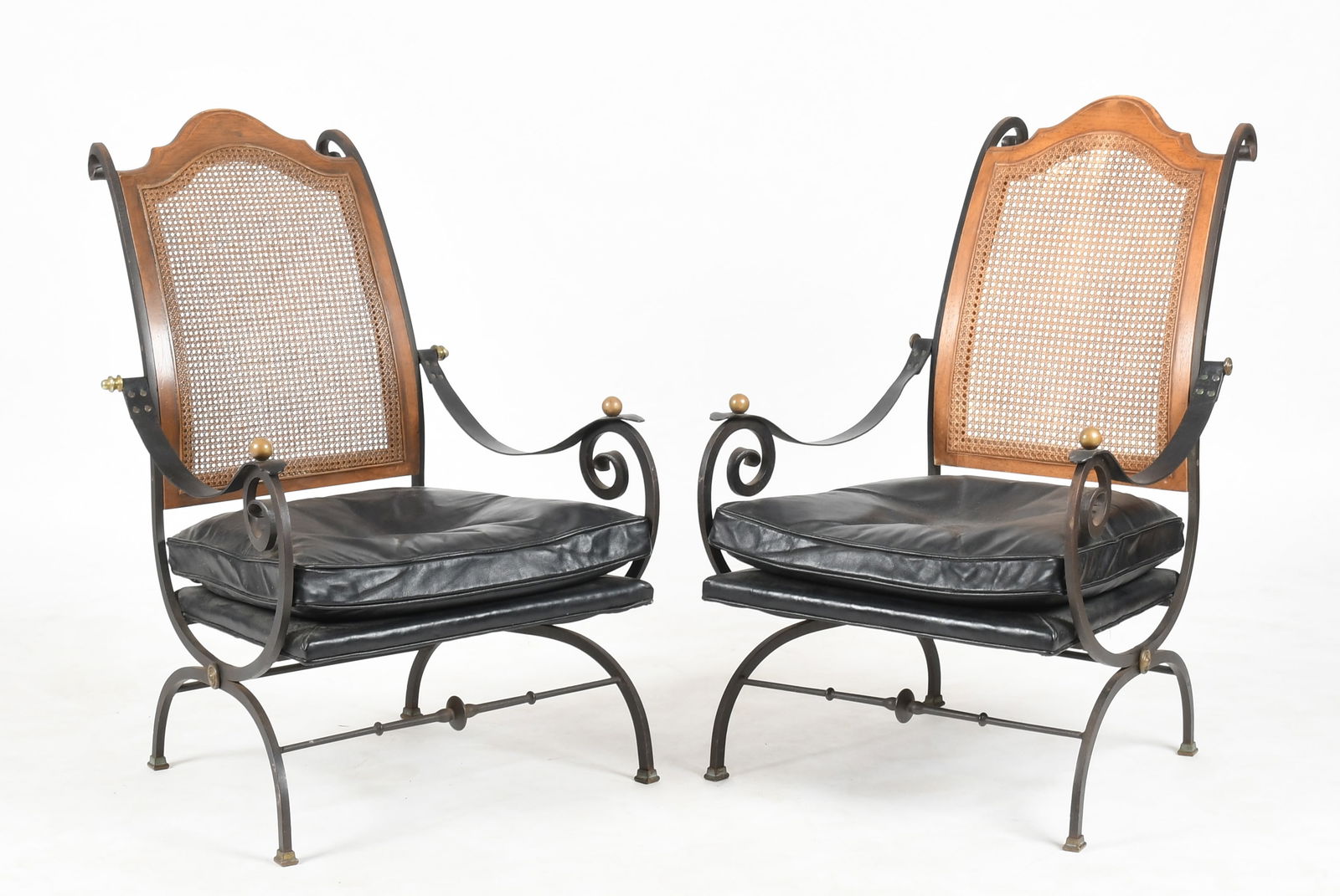 Pair of Iron, Leather and Caned Lounge Chairs, Mid 20th Century (1 of 13)