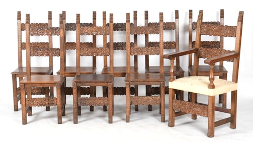 Nine Continental Baroque Style Carved Walnut Dining Chairs